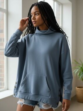 Women's Blue Funnel Neck Button Cuff Sweatshirt